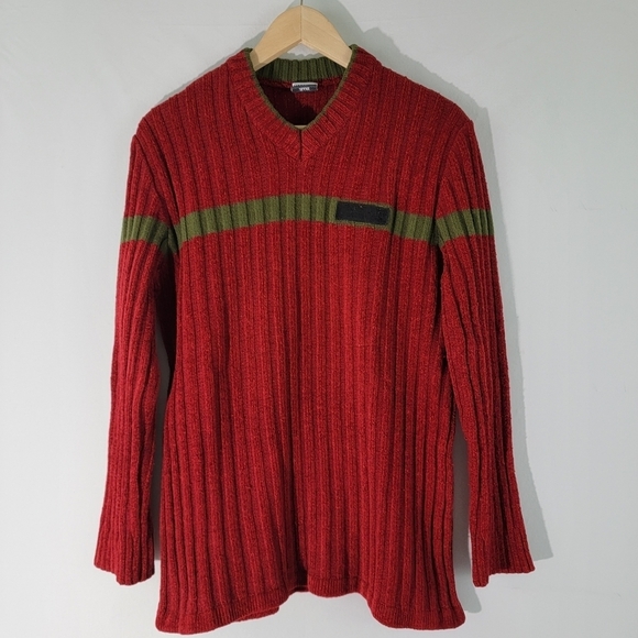 MOSCHINO Jeans Men's Red/Green Stripe Wool Blend Ribbed Knit Sweater Sz M V-neck - Picture 11 of 11